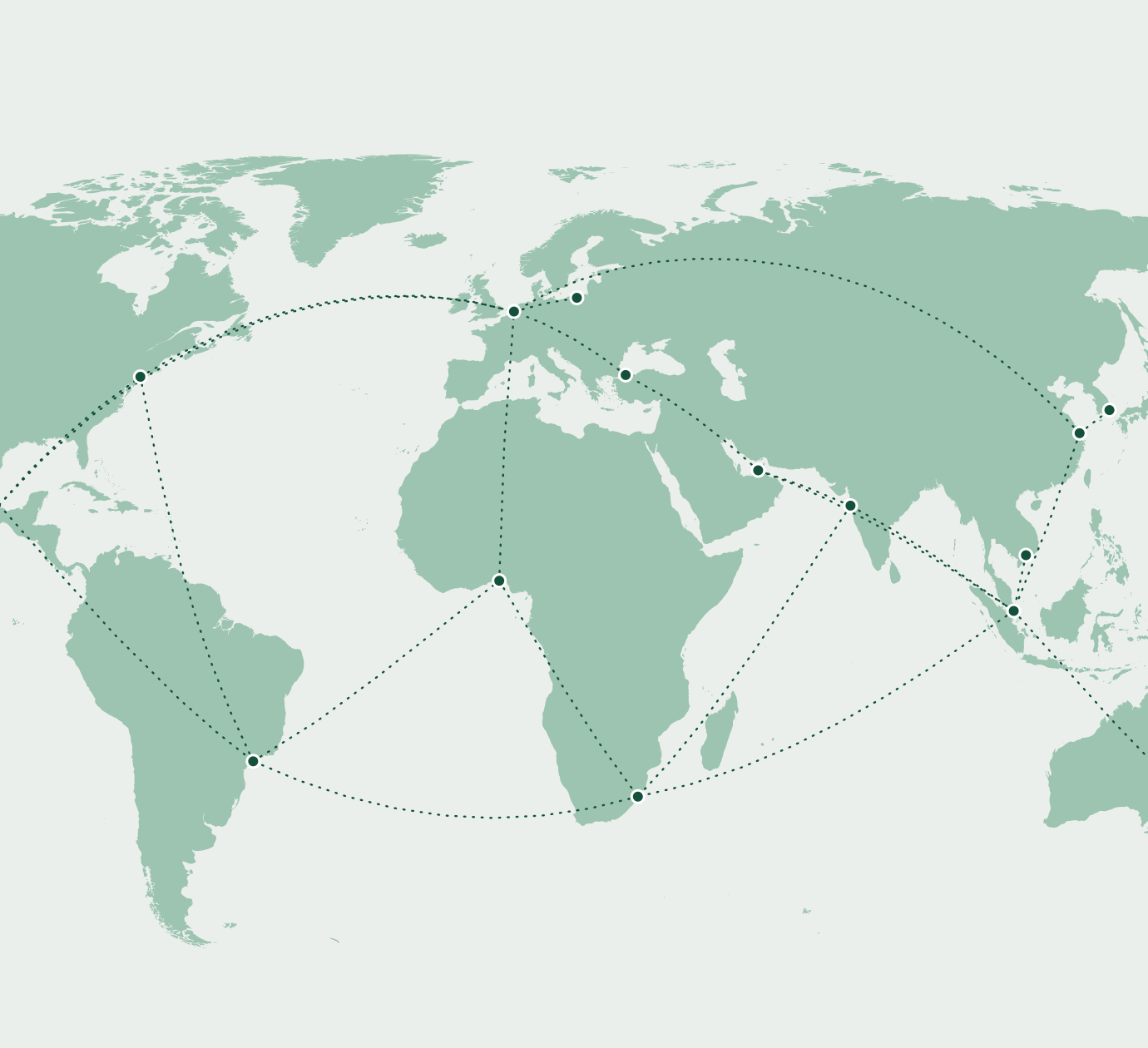 World map in green with trade routes linking ports across Europe, Asia, Africa, the Americas and Australia